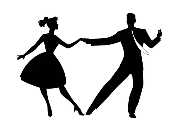 Silhouette de couple portant des vêtements rétro dansant rock, rockabilly, swing ou lindy hop isolé sur fond de whihte — Image vectorielle