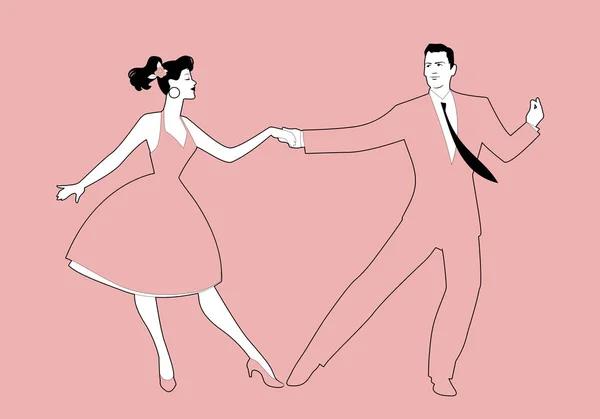 Bella ragazza e bell'uomo ballare rock, rockabilly, swing o lindy hop. Illustrazione dei contorni vettoriali . — Vettoriale Stock