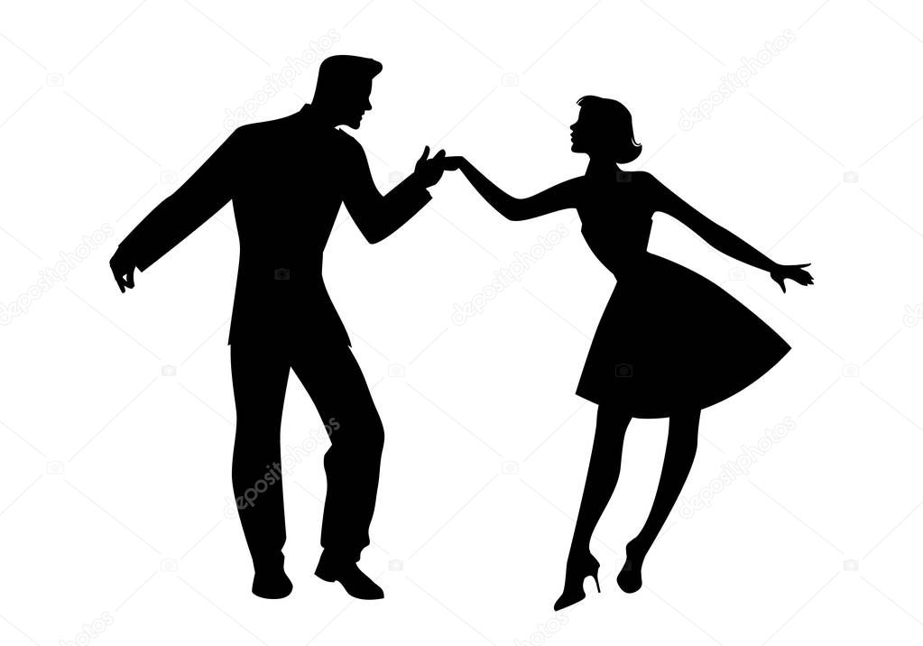 Silhouette of couple wearing retro clothes dancing rock, rockabilly, swing or lindy hop isolated on whihte background