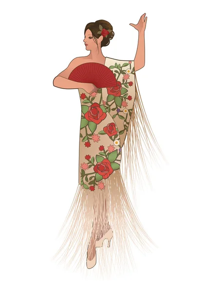 Mulher espanhola vestida de xale franjado, vestindo ventilador e flor em seu cabelo, dançando flamenco —  Vetores de Stock