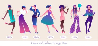 Zaman içinde dans ve moda. 20'lerden 80'lere kadar farklı yaşlardan kıyafetler giyerek dans eden yedi kadını ayarlayın