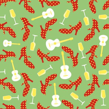 Spanish fair. Seamless pattern of flamenco shoes, wine glasses and Spanish guitars vector Spanish fair. Seamless pattern of flamenco shoes, wine glasses and Spanish guitars vector