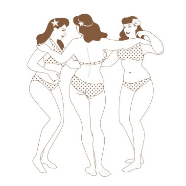 The Three Graces. Three pretty curvy girls in retro style swimsuit hugging each other, isolated on white background clipart