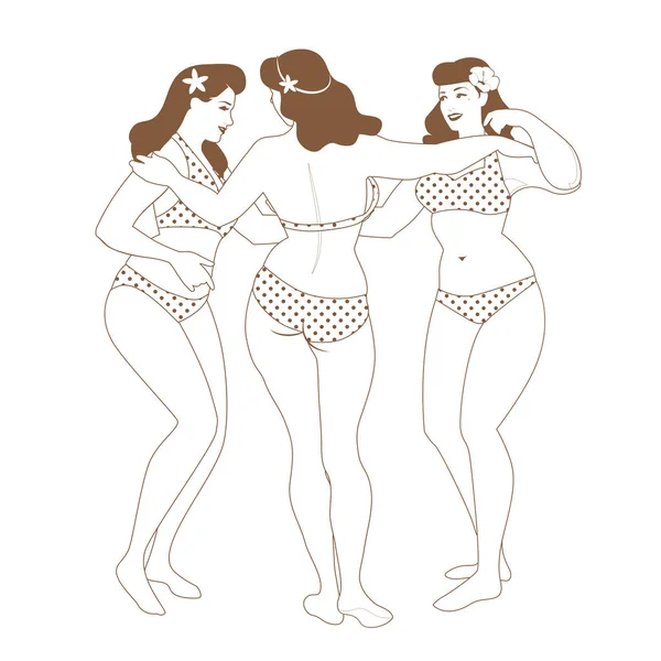 De tre nådegåvor. Tre ganska kurviga flickor i retro stil baddräkt kramas varandra, isolerad på vit bakgrund — Stock vektor