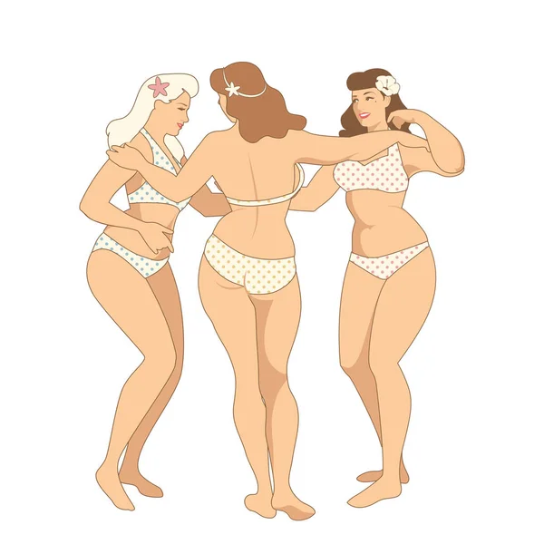 Три грации. Три довольно пышные девушки в купальнике в стиле ретро обнимают друг друга, изолированные на белом фоне — стоковый вектор