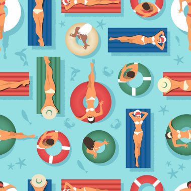 Suda insanların dikişsiz desen, paspaslar ve yüzen güneşlenme. Şeffaf suda balık, yengeç ve denizyıldızı