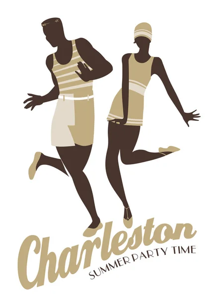 Jeune couple portant des maillots de bain de style rétro, danse Charleston isolé sur fond blanc — Image vectorielle