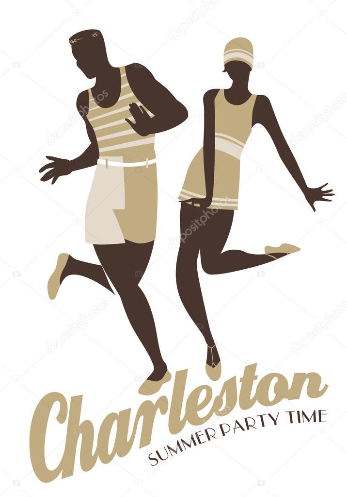 Young couple wearing retro style swimsuits, dancing Charleston isolated on white background