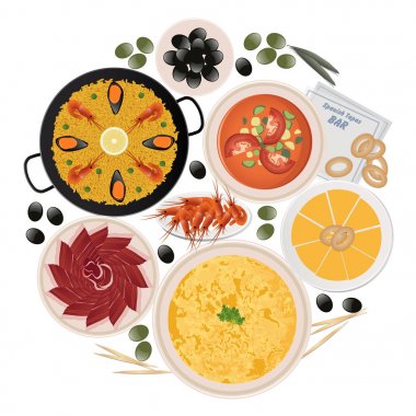 Tipik tapas daire ve İspanyol gıda yemekleri beyaz arka plan üzerinde izole. Paella, patates omlet, iberian jambon zeytin, gazpacho, peynir, karides