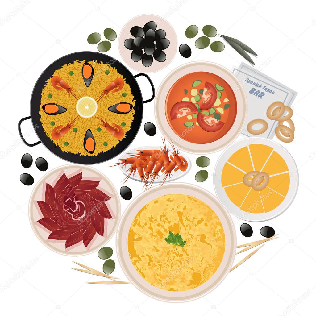 Circle of typical tapas and dishes of spanish food isolated on white background. Paella, potato omelette, iberian ham olives, gazpacho, cheese, prawns