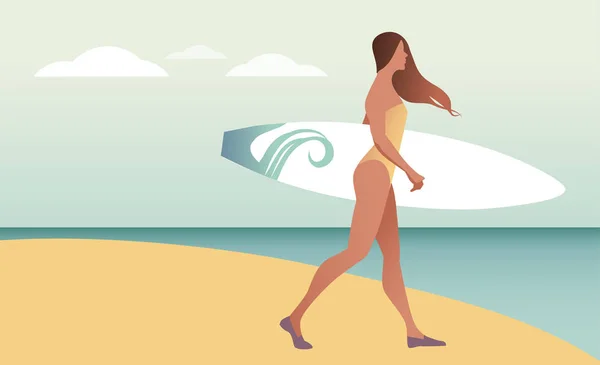 Ώρα για σέρφινγκ. Νέα γυναίκα με μαγιό που κουβαλάει μια σανίδα του σερφ στην παραλία — Διανυσματικό Αρχείο