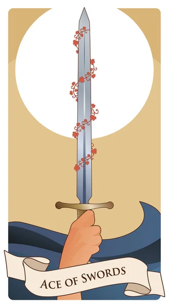 Aces of Tarot Cards. Swords. Hand holding a sword surrounded by red leaves on the waves of the sea. — Stock Vector