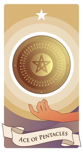 Aces of Tarot Cards. Pentacles. Golden shield with pentacle in the center, floating on one hand and crowned by a star. — Stock Vector
