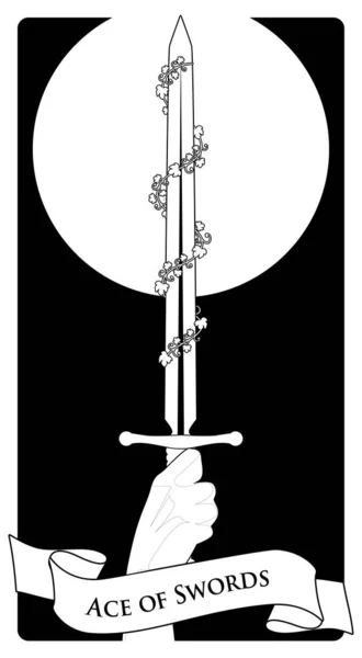 Ases de cartas del Tarot. Espadas. Mano sosteniendo una espada rodeada de hojas sobre fondo negro — Archivo Imágenes Vectoriales