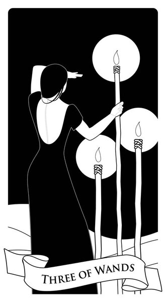 Три палочки. Карты Таро. Женщина на спине, глядя в море с тремя факелами на палках.