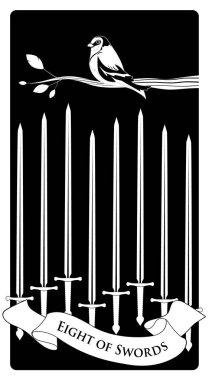Kılıç sekizlisi. Tarot kartları. Sekiz kılıçlı bir kuş.