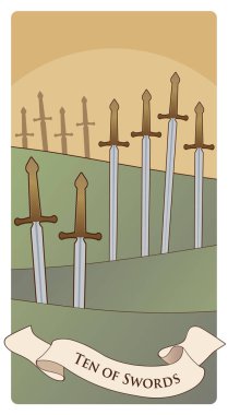 Kılıç onlusu. Tarot kartları. Kırsalda yere saplanmış 10 kılıç