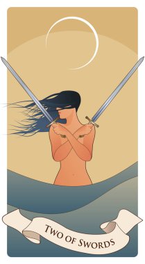 İki kılıç. Tarot kartları. Rüzgâr saçlı kadın göğsünde iki kılıç çapraz, hilal ayının altında, denizde..