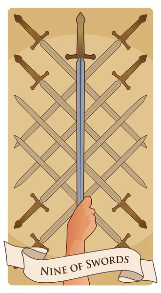 Nine of swords. Tarot cards. Eight crossed swords and a hand grasping a sword tip — Stock Vector