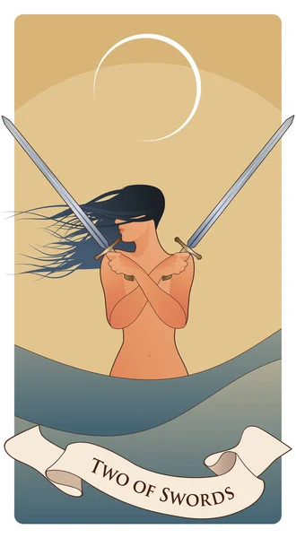 Dos de espadas. Tarjetas del tarot. Mujer de pelo viento con dos espadas cruzadas sobre su pecho, en el mar bajo la luna creciente. — Archivo Imágenes Vectoriales