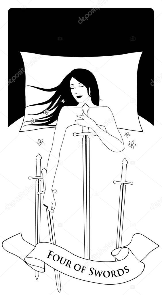 Four of swords. Woman sleeping on a white bed, holding a sword. Three swords on the bed.