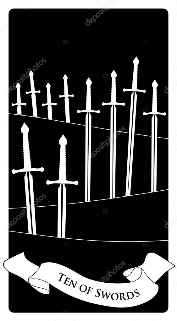 Ten of swords. Tarot cards. Ten swords stuck on the ground in the countryside