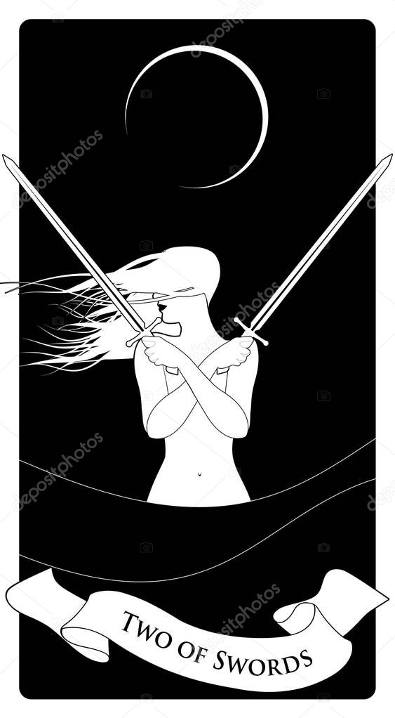 Two of swords. Tarot cards. Wind-haired woman with two swords crossed over her chest, in the sea under the crescent moon.