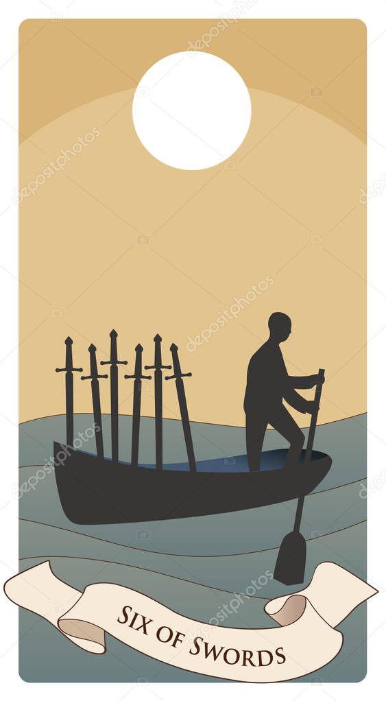 Six of swords. Silhouette of person rowing in the distance, in a boat on the sea, carrying six swords.