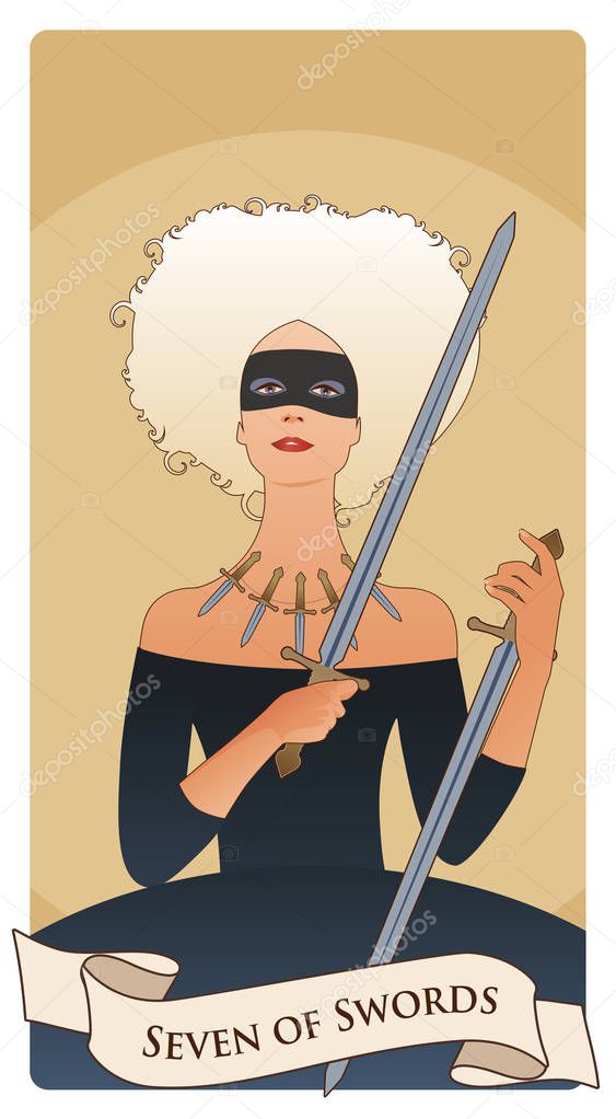 Seven of swords. Impish courtesan. wearing mask and necklace composed of five daggers, grabbing two swords