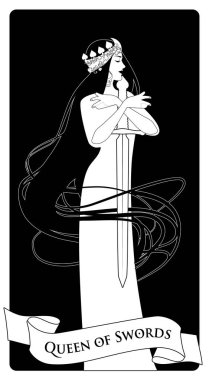 Kılıçların Kraliçesi, uzun saçlarıyla sarılı bir kılıç tutuyor. Minor Arcana Tarot kartları. İspanyolca oyun kartları.