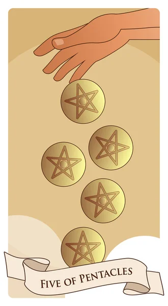 Öt pentagrammát. Tarot kártyák. Kézzel elengedett öt arany pentacles a felhők háttér — Stock Vector