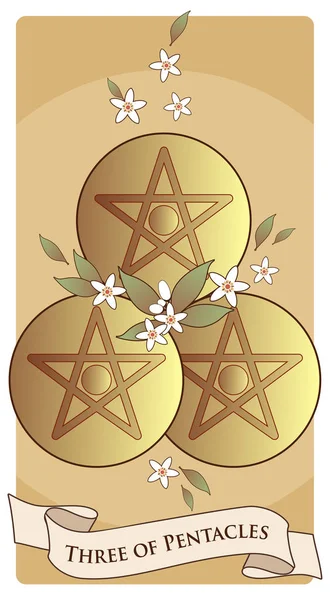 Three of pentacles. Tarot cards. Three golden pentacles surrounded by orange blossom flowers — Stock Vector