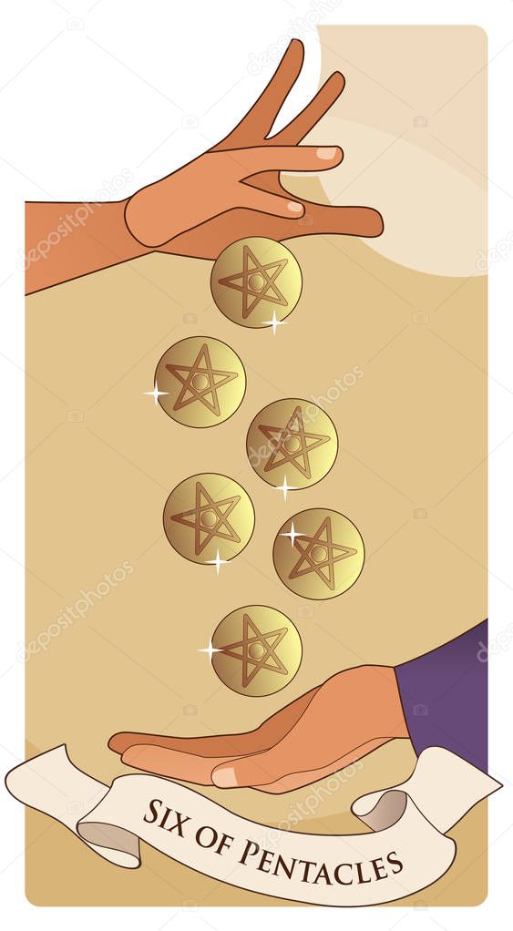 Six of pentacles. Tarot cards. A generous hand giving six golden pentacles to another hand that collects them in an attitude of asking for alms