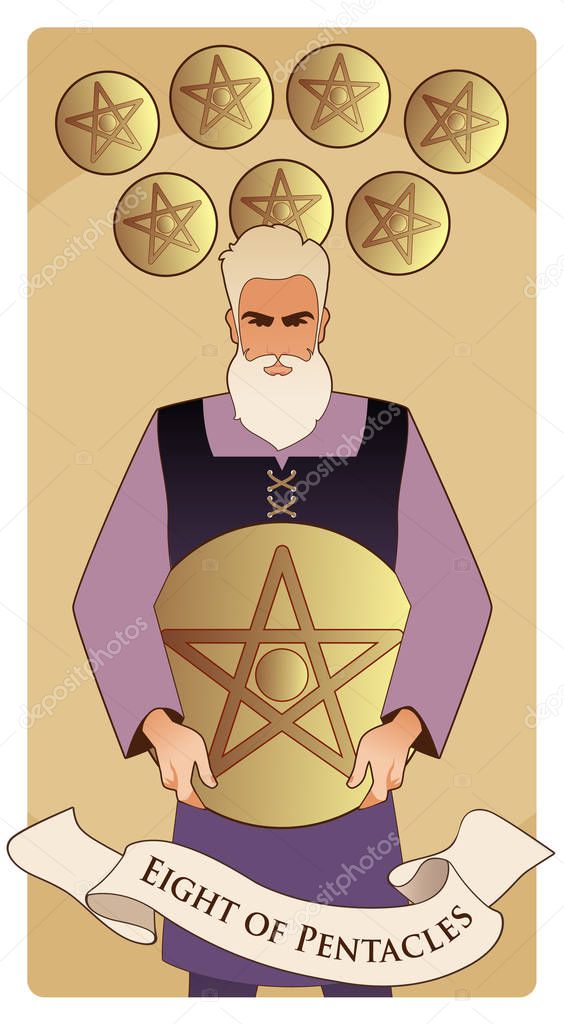 Eight of pentacles. Tarot cards. Craftsman man showing the result of his work, eight freshly chiselled golden pentacles