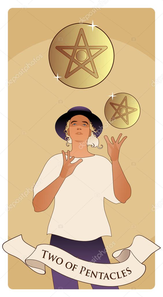 Two of pentacles. Tarot cards. Young man wearing hat, juggling two golden pentacles