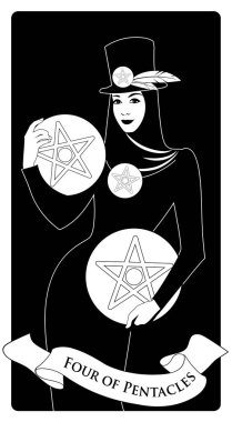 Beş köşeli yıldız. Tarot kartları. Güzel ve zarif zengin bir kadın. Tüylü bir şapka takıyor ve dört tane altın pentacım var.