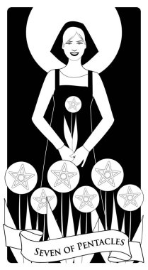 Beş köşeli yıldız yedili. Tarot kartları. Güzel işçi yedi altın beşgen hasat topluyor.