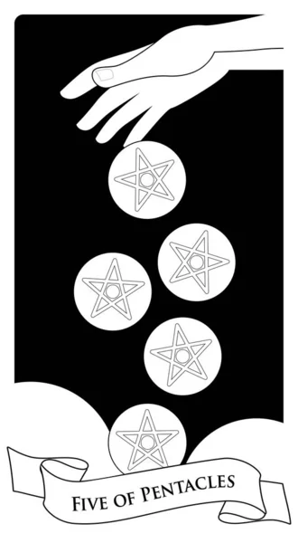 Five of pentacles. Tarot cards. Hand letting go five golden pentacles on clouds background — Stock Vector