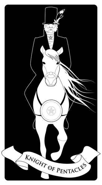 胸に長いたてがみと金色のペンタクルを持つエレガントな馬に乗って古いスタイルに身を包んだ騎士. — ストックベクタ