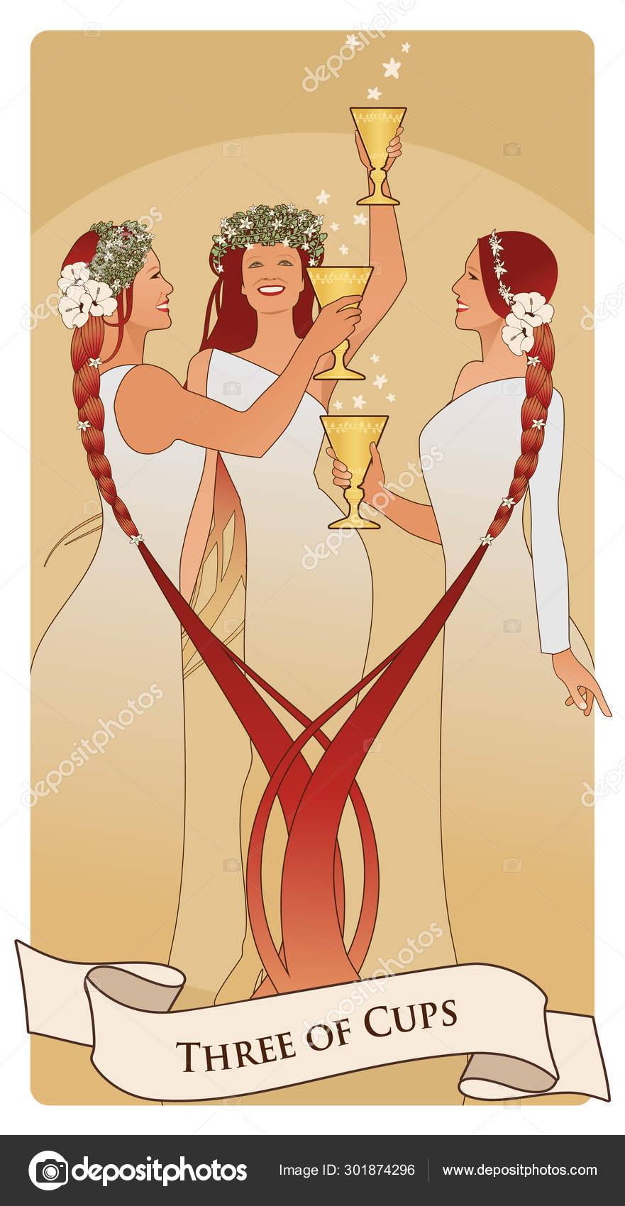 Three Of Cups Tarot Cards Three Young And Beautiful Girls Holding Golden Cups Dancing And Toasting Smiling And Happy Stock Vector Image By C Lainspiratriz