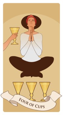 Kupa dörtlüsü. Tarot kartları. Genç adam meditasyon ve dua içinde, üç altın bardağın üzerinde uçuyor ve isimsiz bir elin sunduğu bardağı görmezden geliyor..