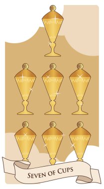 Kupa yedili. Tarot kartları. Yedi fincan kapaklı, bulutların üzerinde altın ve parlak.