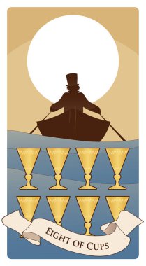 Kupa sekizli. Tarot kartları. Dalgalarda bir tekne silueti, içinde şapkalı bir adam kürek çekiyor, ufukta uzaklaşıyor. Ön planda sekiz altın kupa