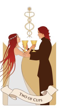 İki bardak. Tarot kartları. Genç bir çift birbirlerine altın bir kupa sunuyor. Birbirine dolanmış iki yılanın sembolü.