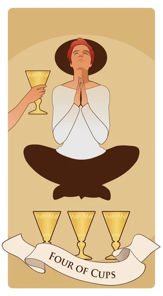 Cuatro de copas. Tarjetas del tarot. Joven en actitud de meditación y oración, levitando sobre tres copas de oro e ignorando la copa ofrecida por una mano anónima. — Archivo Imágenes Vectoriales