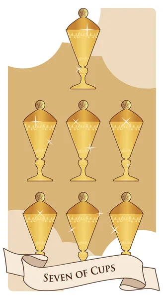 Sete chávenas. Cartas de tarô. Sete copos com uma tampa, dourada e brilhante em um fundo de nuvem —  Vetores de Stock