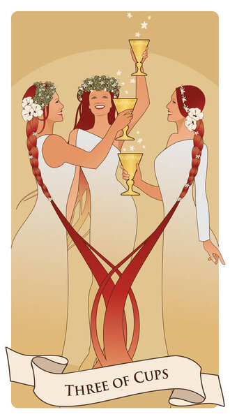 Three of Cups. Tarot cards. Three young and beautiful girls holding golden cups, dancing and toasting smiling and happy