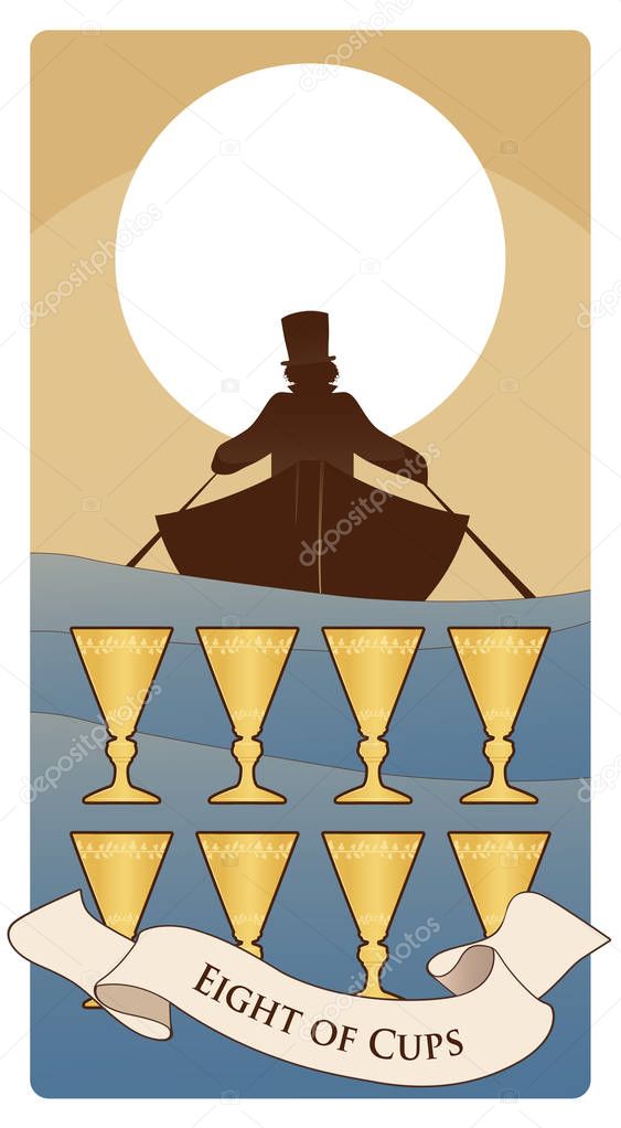 Eight of cups. Tarot cards. Boat silhouette on the waves, in which a man with a hat is rowing, moving away on the horizon. Eight golden cups in the foreground