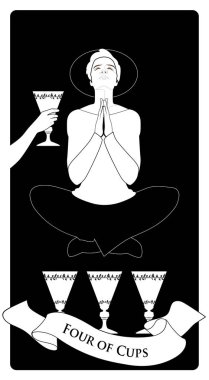 Kupa dörtlüsü. Tarot kartları. Genç adam meditasyon ve dua içinde, üç altın bardağın üzerinde uçuyor ve isimsiz bir elin sunduğu bardağı görmezden geliyor..