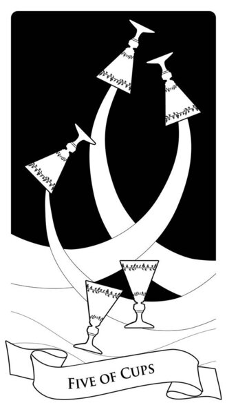 Пять чашек. Карты Таро. Три золотых чаши, разливающих его содержимое над морем или рекой, и две золотые чаши, плавающие над волнами.